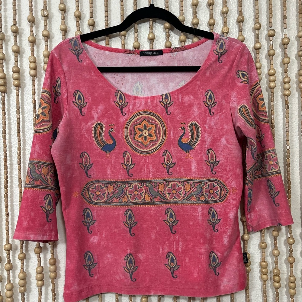 Vintage 90s Cheap Thrill Boho Asian Grunge Floral Peacock 3/4 Sleeve Stretch Top